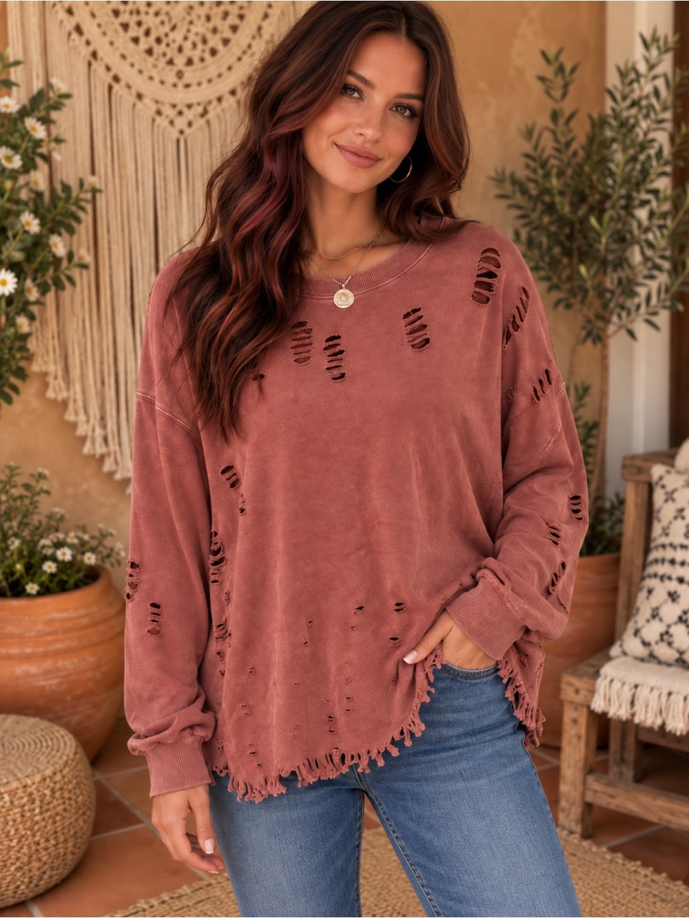 385 easel Distressed Washed Rose Pullover Sweatshirt Oversized Small